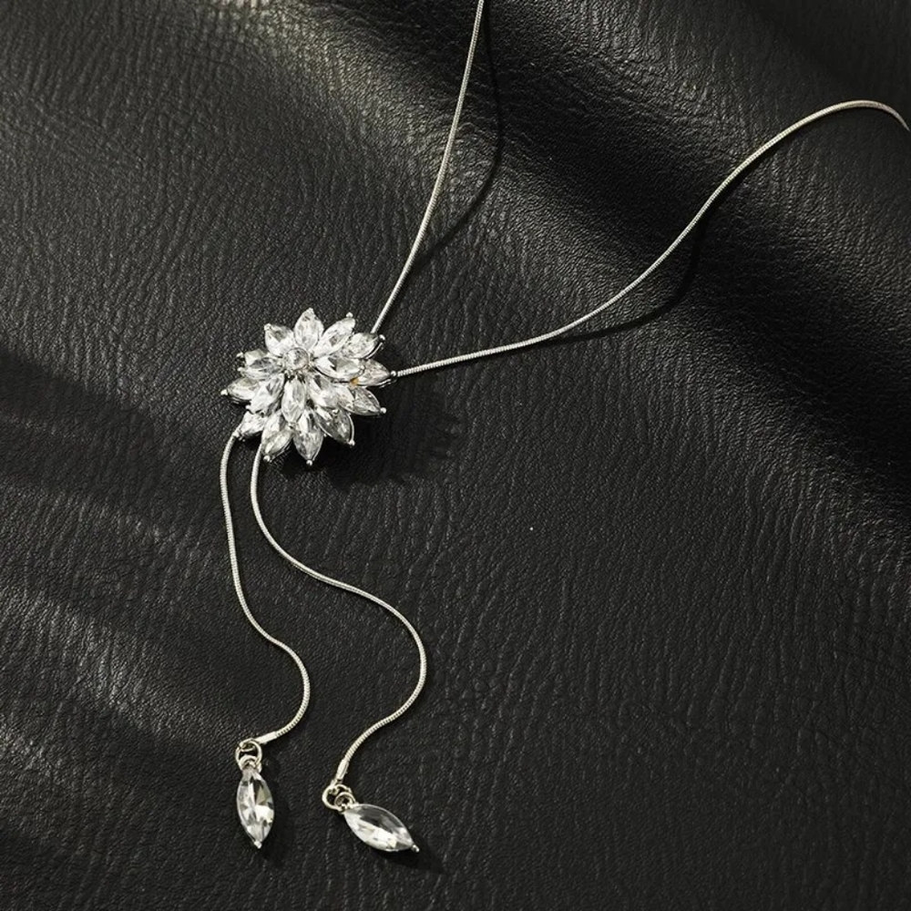Crystal Flower Long Drop Adjustable Necklace